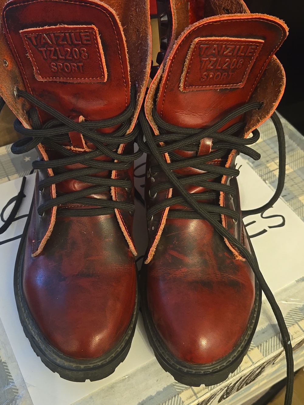Taizile red and black combat boots with shoe laces